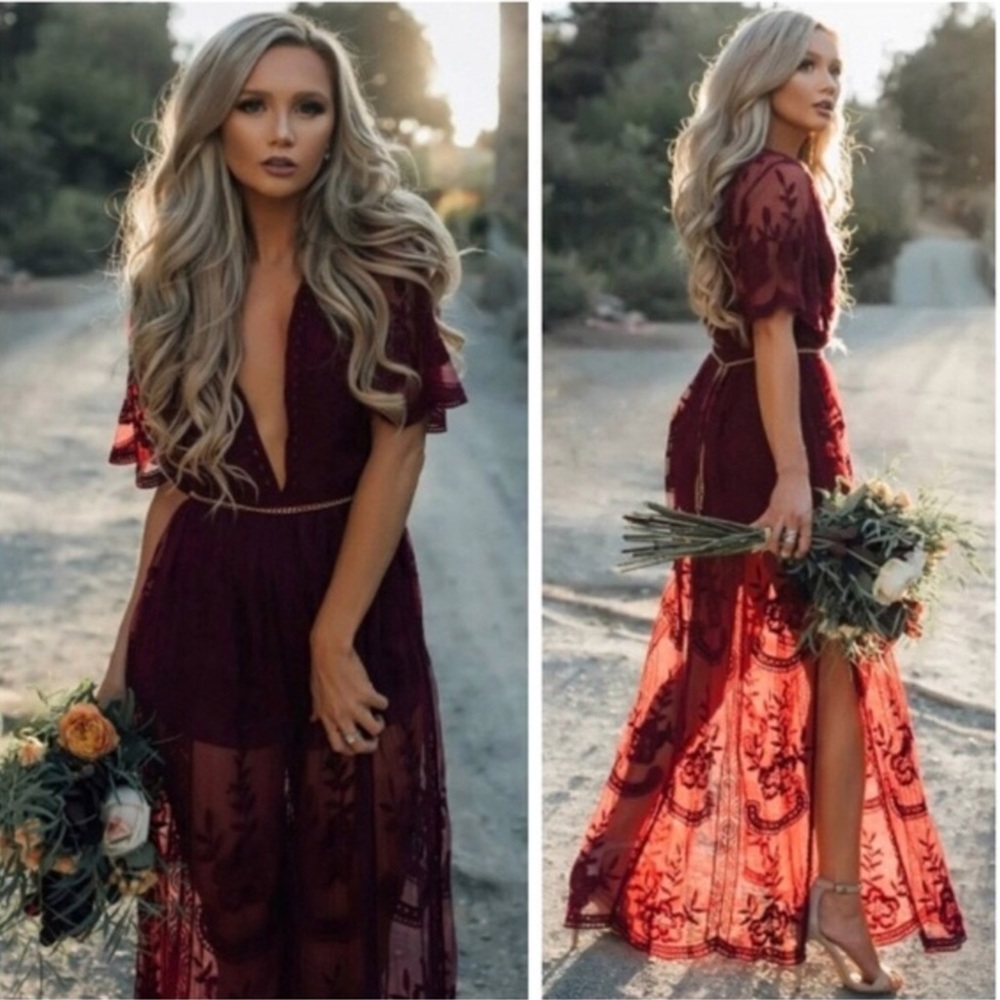 New red wine boho lace maxi dress - Picture 2 of 3